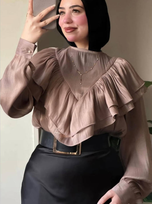 Oversized Crinkle Shimmer Blouse - Beige