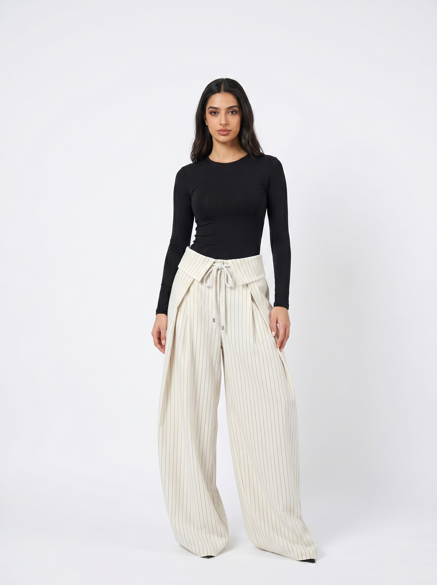 Fold Pinstripe Wide Pants - Beige