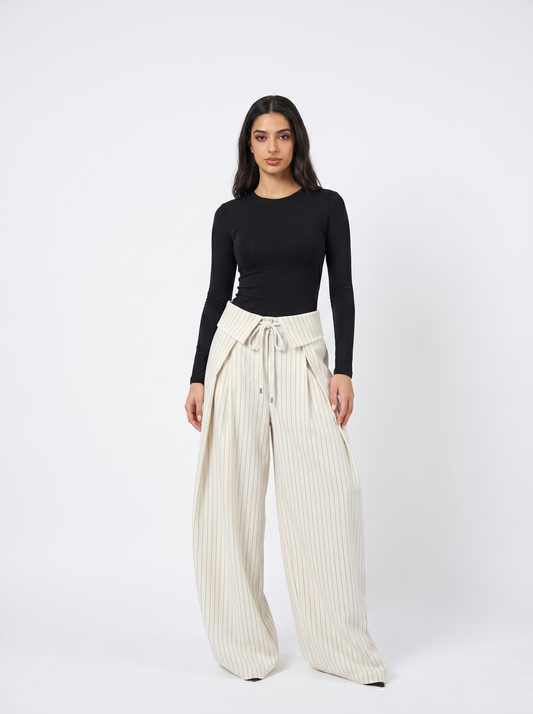 Fold Pinstripe Wide Pants - Beige
