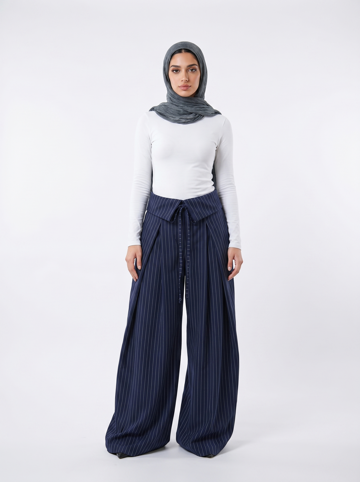 Fold Pinstripe Wide Pants - Navy Blue