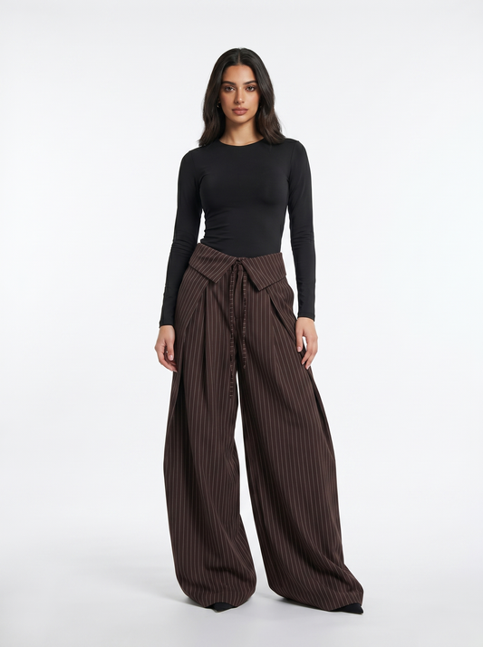 Fold Pinstripe Wide Pants - Brown