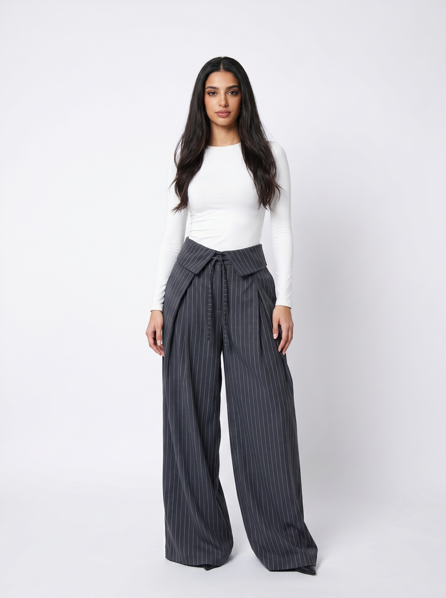 Fold Pinstripe Wide Pants - Dark Grey