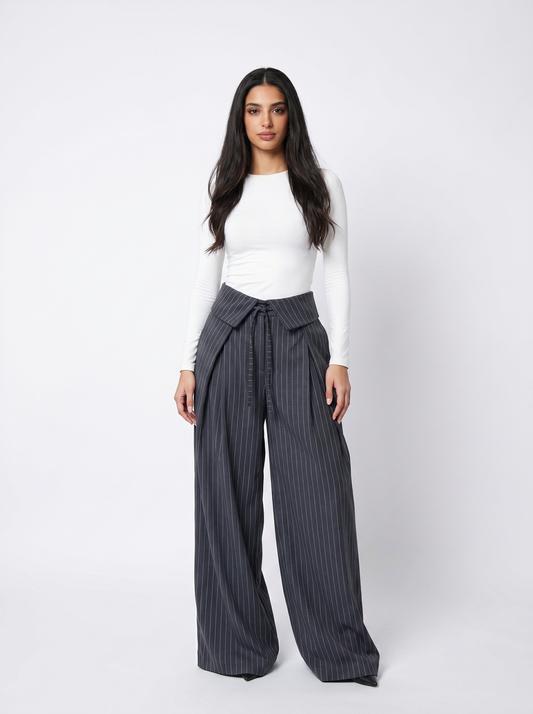 Fold Pinstripe Wide Pants - Dark Grey