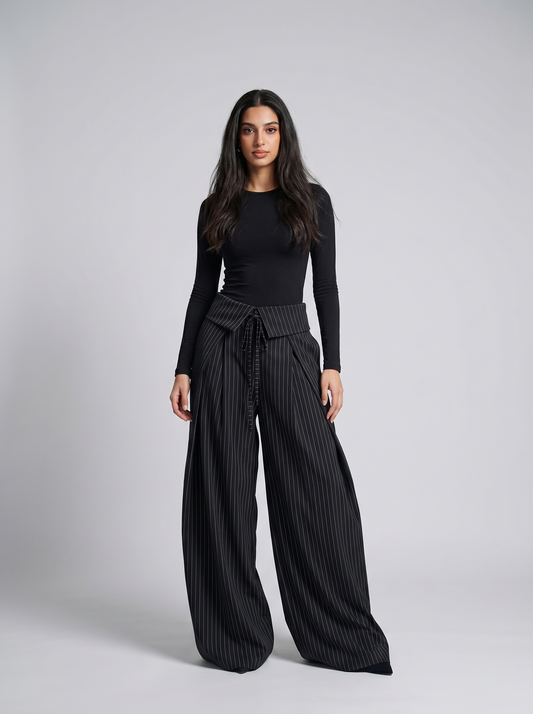 Fold Pinstripe Wide Pants - Black